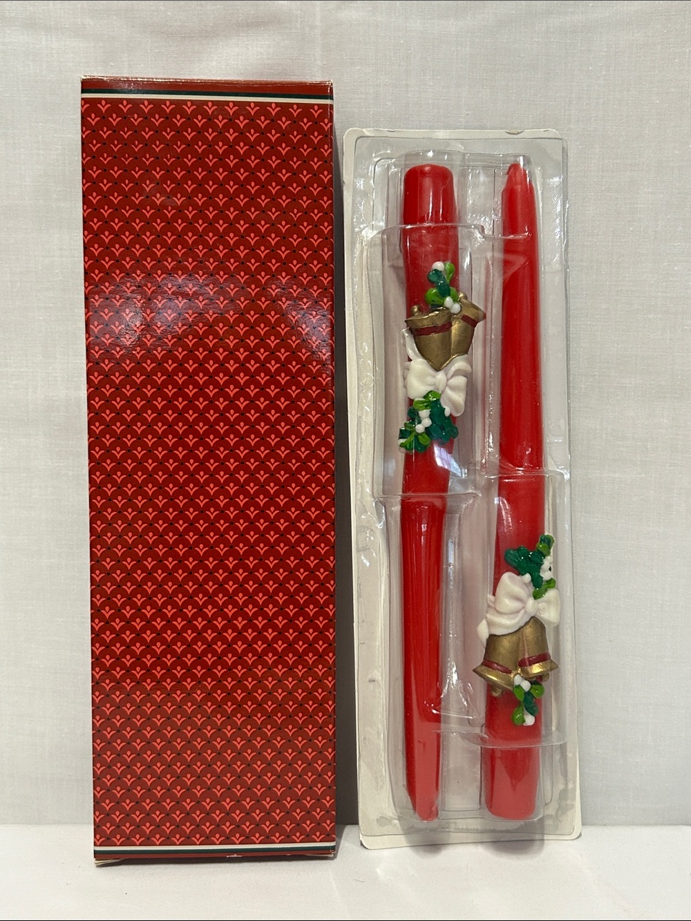 Vintage Avon Holiday Red Taper Candle Set with Decorative Bells